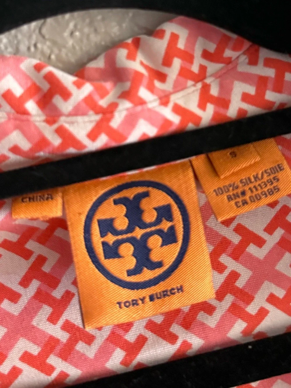 Tory Burch Silk Chain Link Geometric Button Down Blouse Coral Small Pink Career